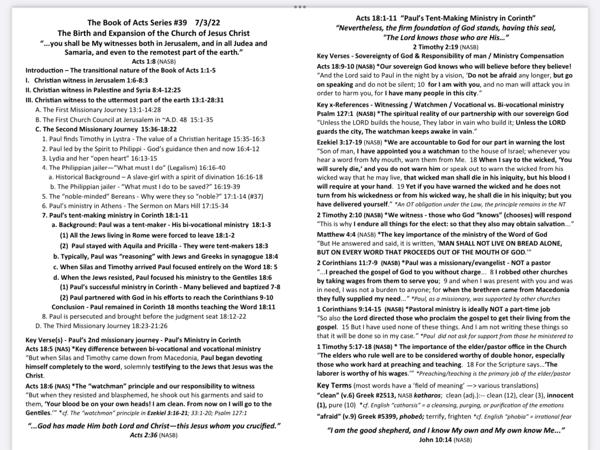Sermon Notes 7/10/22 ”Paul’s TentMaking Ministry in Corinth” Oceanside Community Church